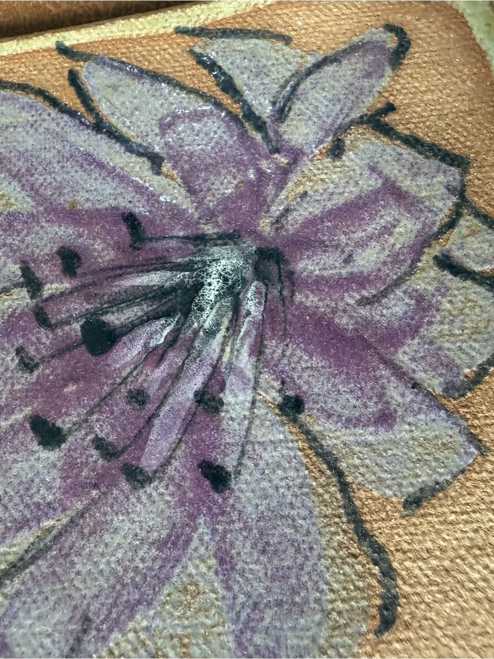 Vintage Handmade Pottery Trivet Spoon Rest Hand Painted Floral Purple Unique